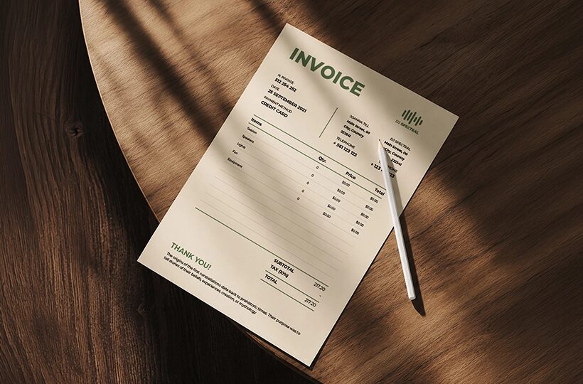 A4 Flyer Mockup on Wooden Table, Workspace Scene