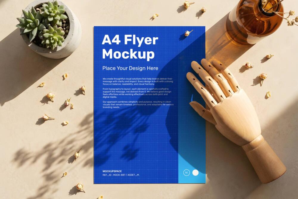 A4 Flyer Mockup with Aesthetic Wooden Hand