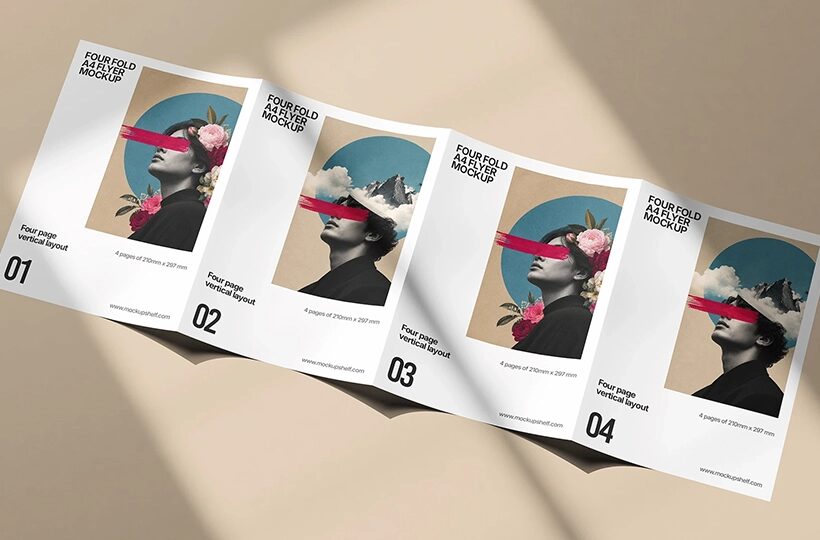 A4 Four Fold Flyer Mockup, PSD