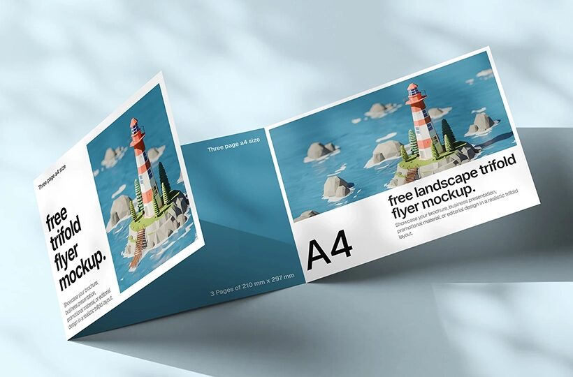A4 Tri Fold Flyer Mockup | Landscape View, PSD