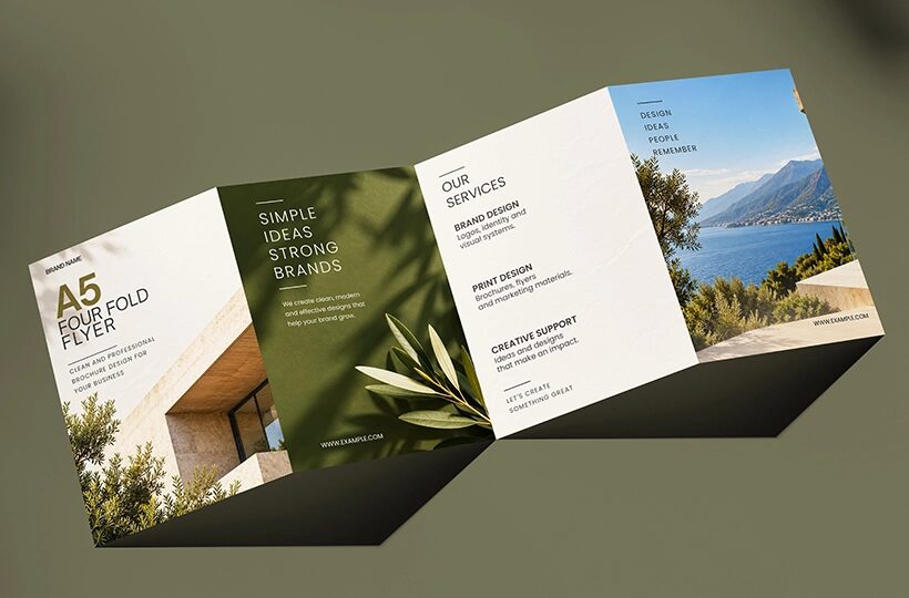 A5 Four Fold Flyer Mockup on a Flat Surface, PSD