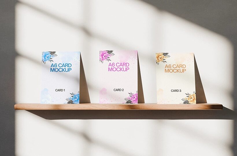 A6 Greeting Card Mockup on a Wooden Shelf