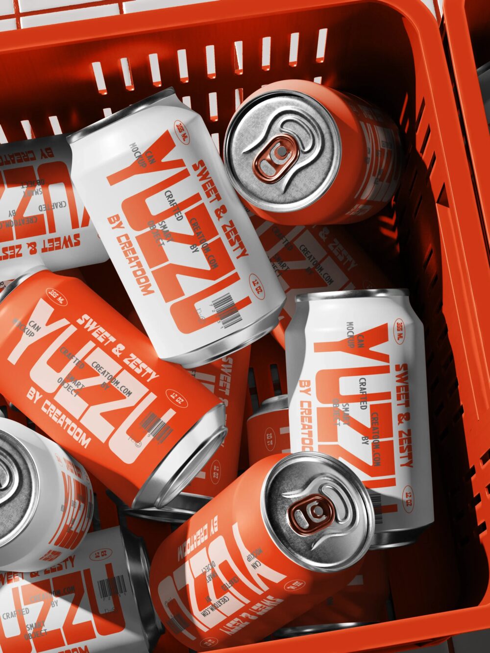 Aluminum Can Mockups In A Plastic Shopping Basket Top View | Mockup store