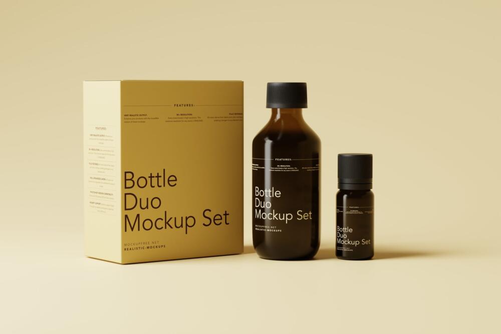 Amber Two Bottle Mockup Set with a Large Box