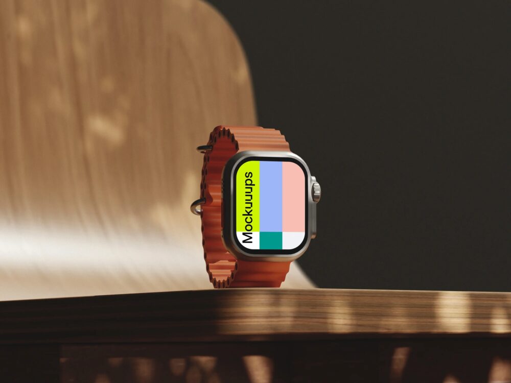Apple Watch Ultra mockup on a wooden table