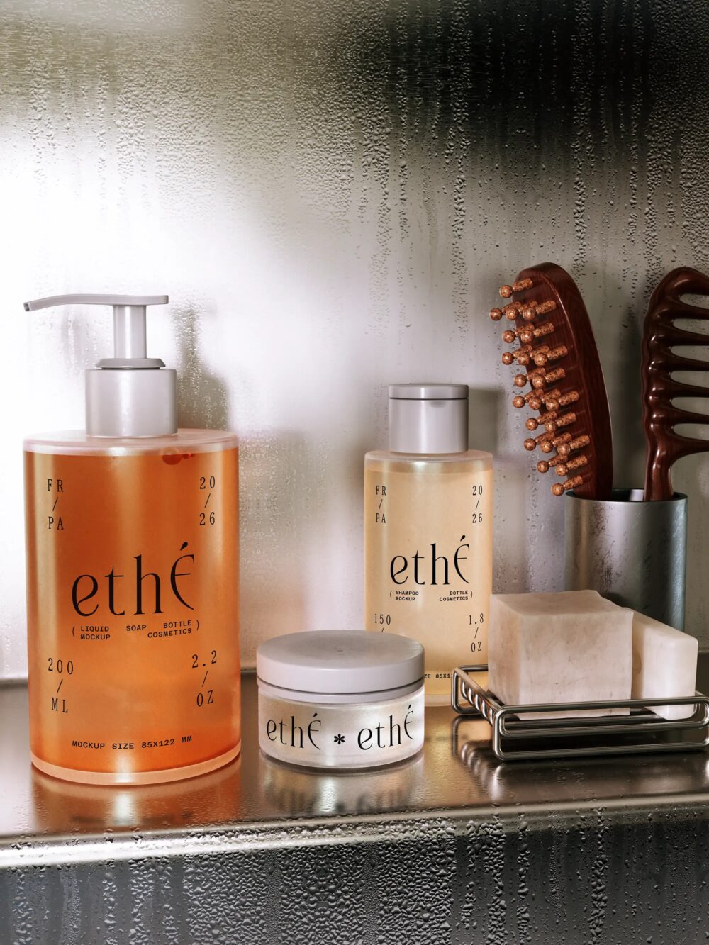 Bathroom Cosmetic Bottles Cream Jar And Soap Mockup On Metal Shelf Front View | Mockup store