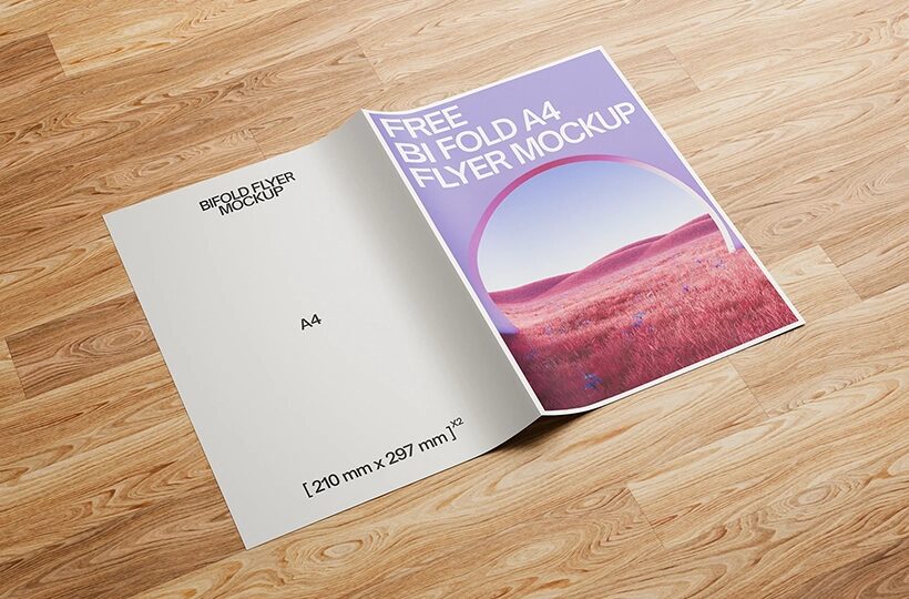 Bi Fold A4 Flyer Mockup on Wood, PSD