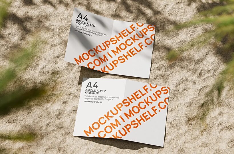 Bifold A4 Flyer Mockup on Beach Side
