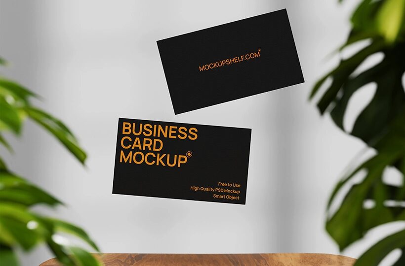 Black Floating Business Card Mockup PSD, Leaf Framed Scene