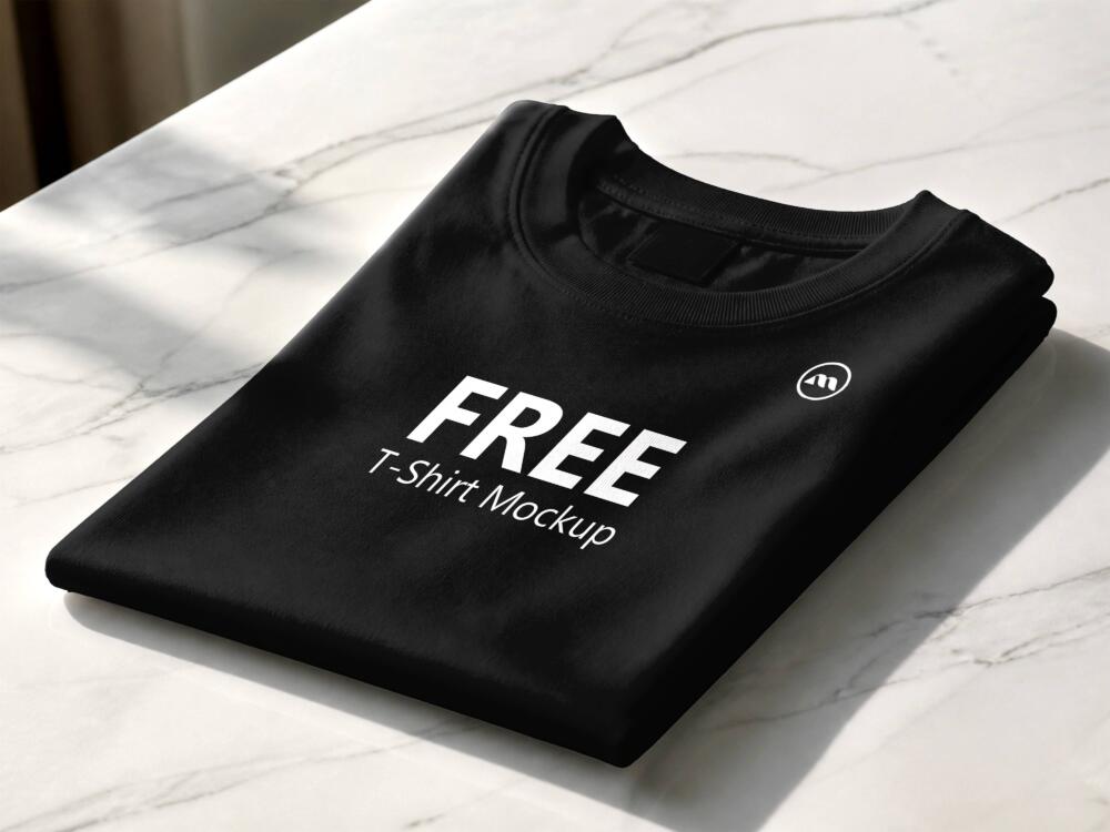 Black Folded T-Shirt Mockup On Marble — Lifestyle Scene (PSD)