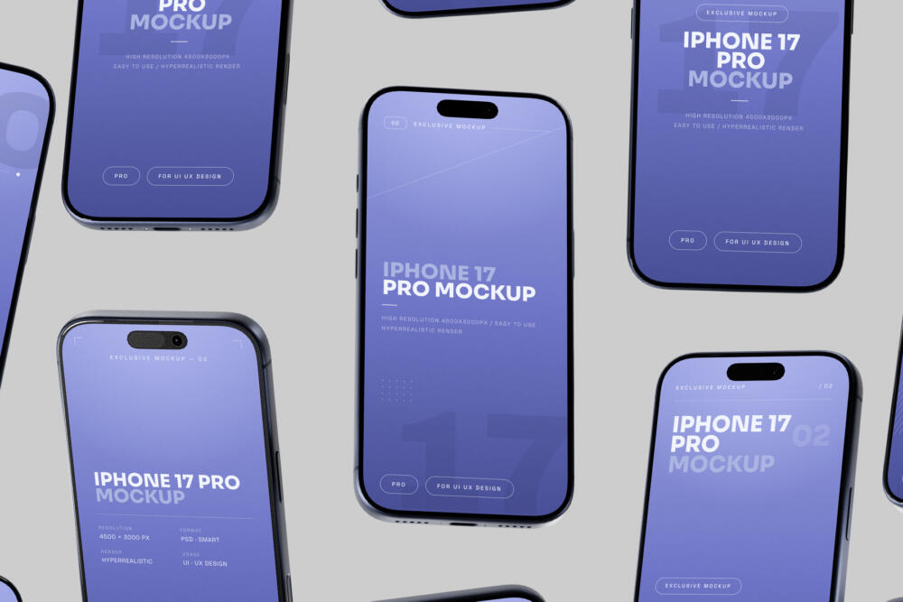 Blue iPhone 17 Pro Mockup Angled View Set