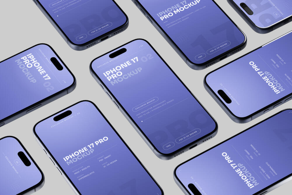 Blue iPhone 17 Pro Mockup Scattered