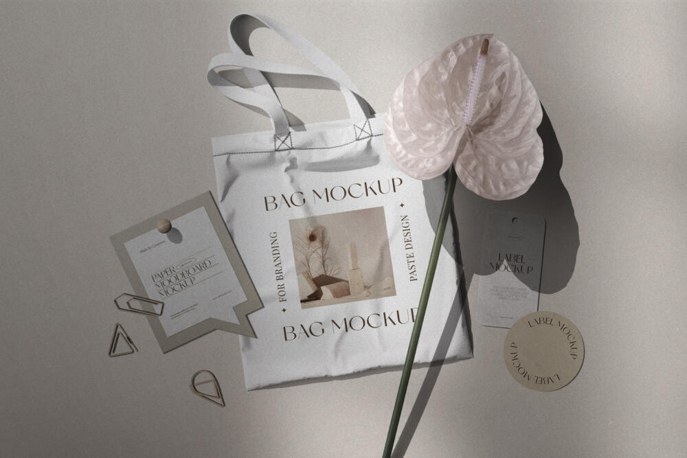 Branding Moodboard With Fabric Bag Mockup And Flower