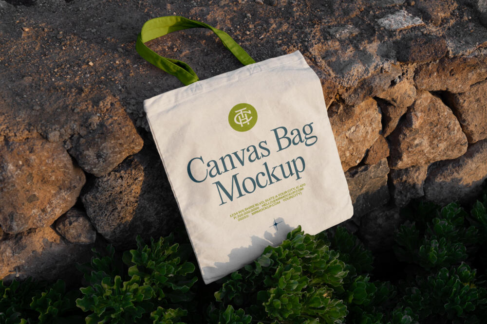 Canvas Bag Laying on Stones Mockup