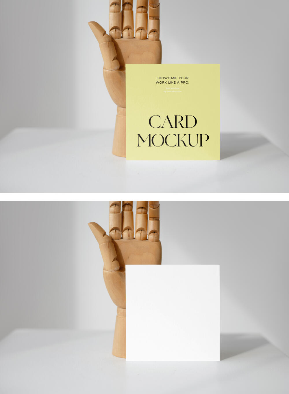 Card with Wood Hand Mockup