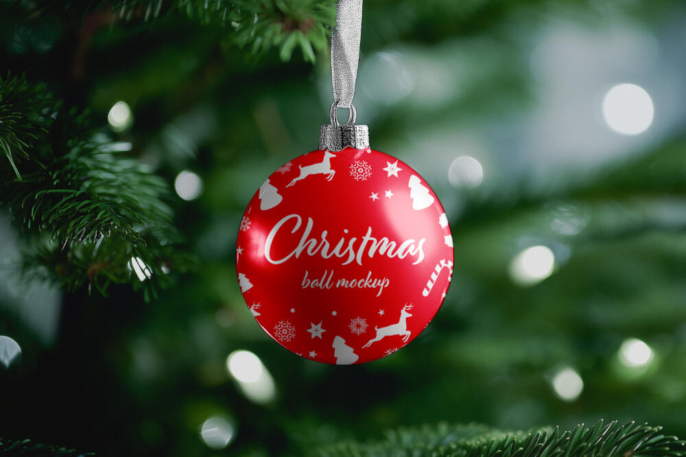 Christmas Ball Mockup With Green Tree