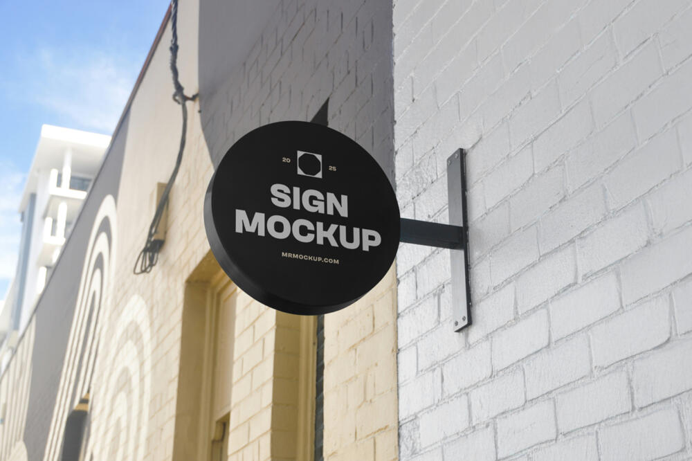 Circle Signage Attached to Wall Mockup