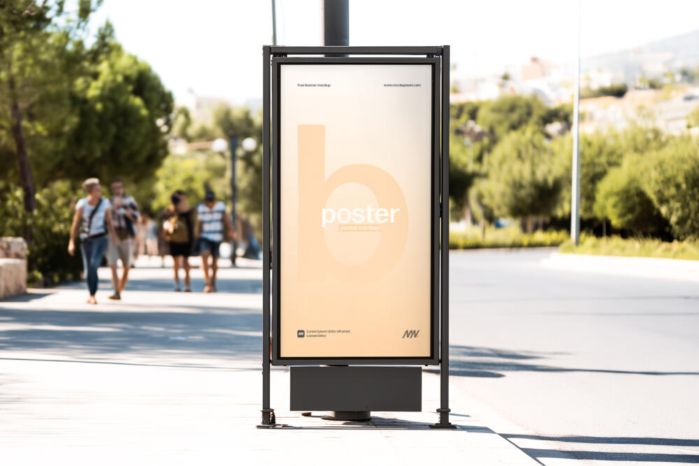Citylight Board Mockup on Bright Roadside with Pedestrians