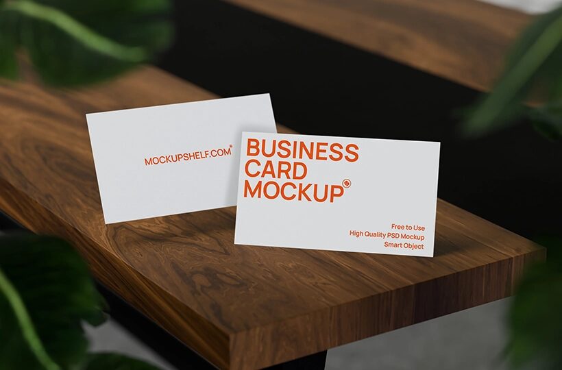 Clean Business Card Mockup PSD, Wood and Foliage Scene