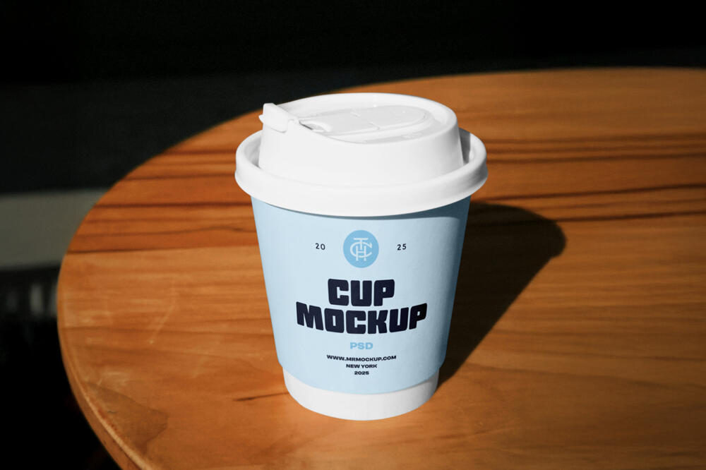 Coffe Cup on a Table PSD Mockup