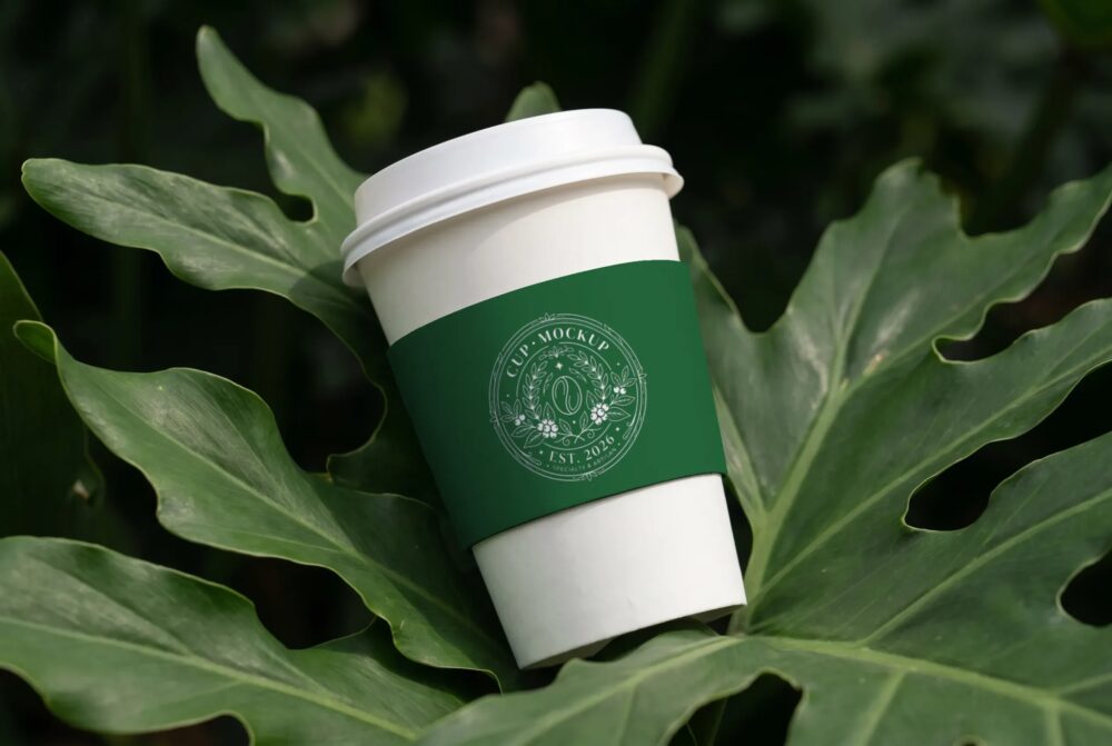 Coffee Cup Mockup Resting on Tropical Leaf