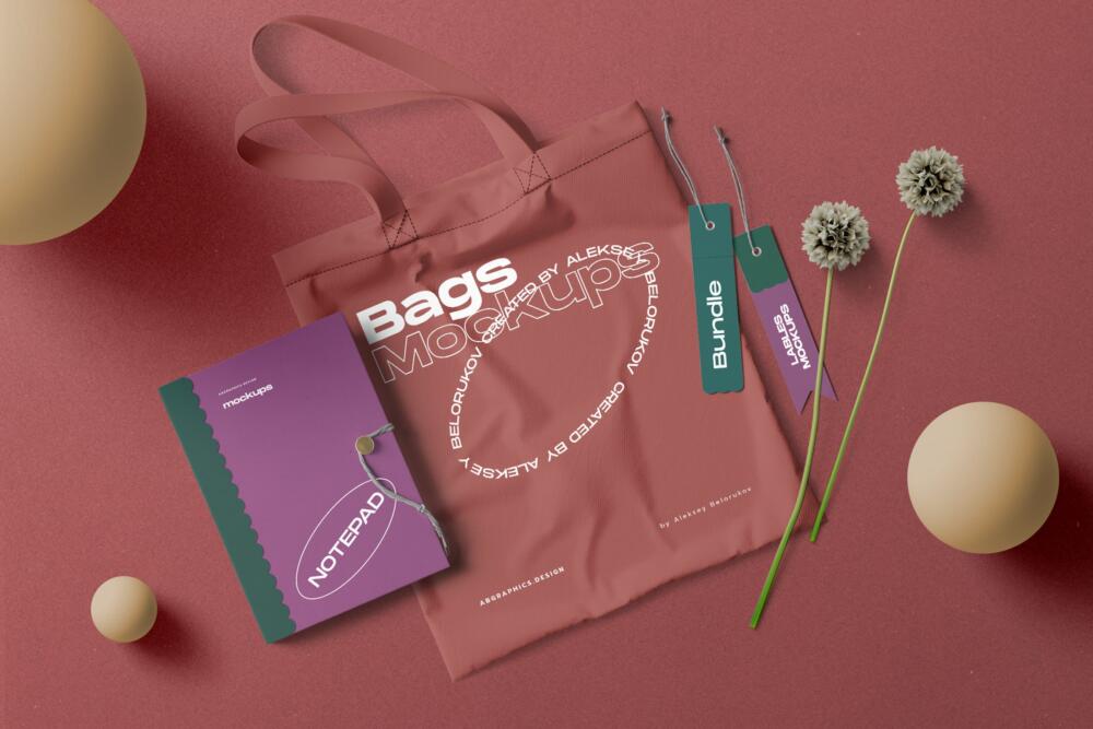 Color Bag And Notebooks Mockup Top View