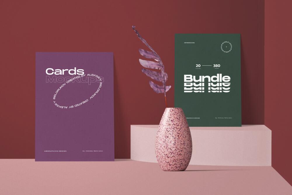 Color Paper Cards With Vase Mockup V2 Front View