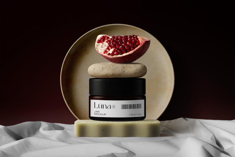 Cosmetic Jar Mockup With Pomegranate Front View