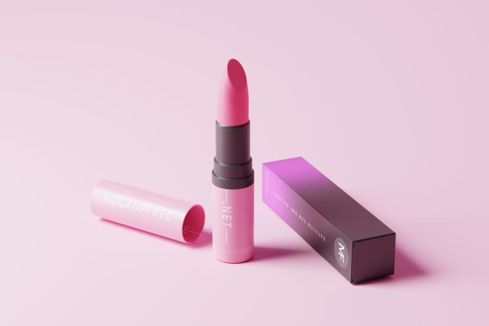 Cosmetic Lipstick and Outer Packaging Box Mockups