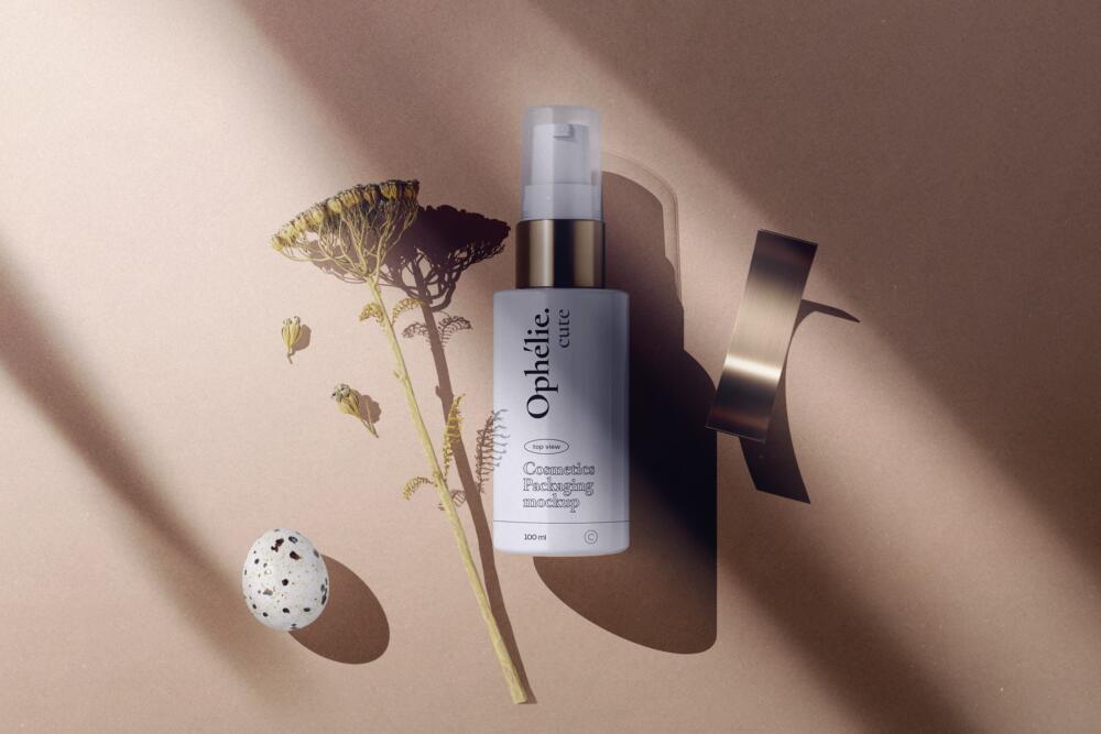 Cosmetics Bottle With Yarrow Mockup Top View