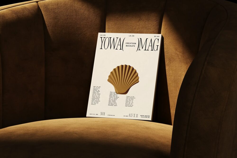 Cover Magazine Mockup On Modern Chair V1 Front View