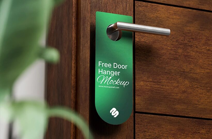 Door Hanger Mockup PSD, Realistic Handle Scene