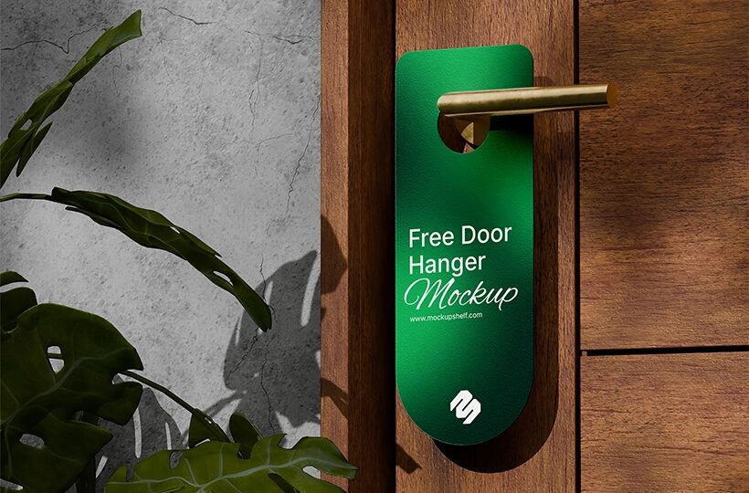 Door Hanger Mockup with Tropical Plant, Monstera Shadow Scene