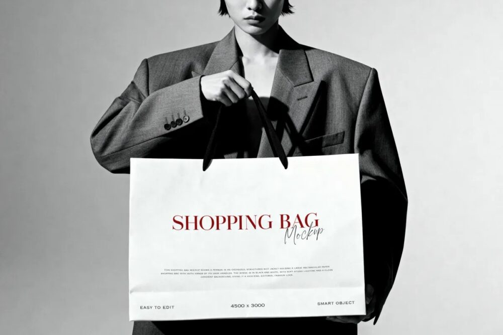 Download B&W Model Holding Shopping Bag Mockup