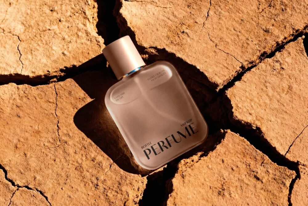 Download Glass Perfume Bottle Mockup In Sand