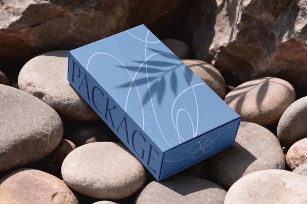 Download Rectangle Box Mockup on River Stones