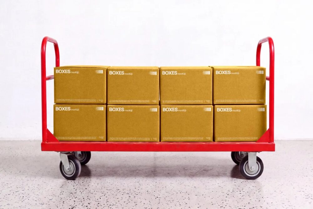 Download Stacked Boxes Mockup on a Trolley