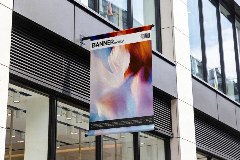 Download Vertical Banner Mockup on Building Facade