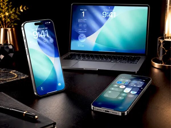 Dual Iphone & Macbook Mockup — Bright Workspace (PSD)