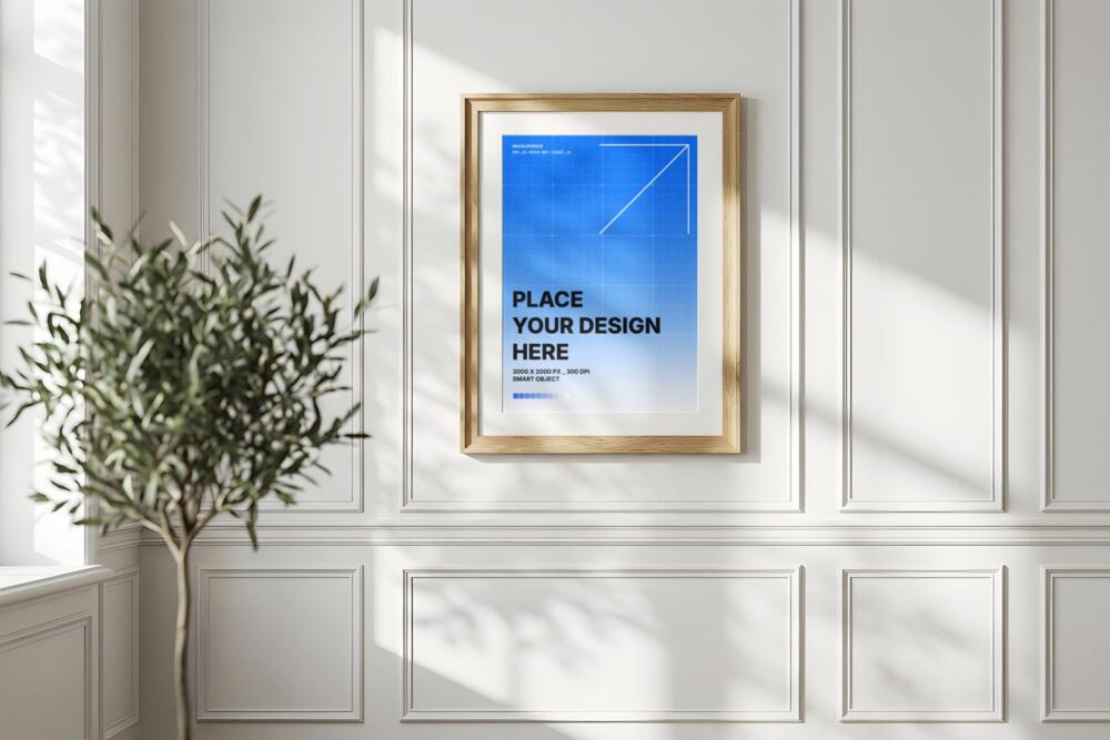 Elegant Wooden Poster Frame Mockup on Paneled Wall