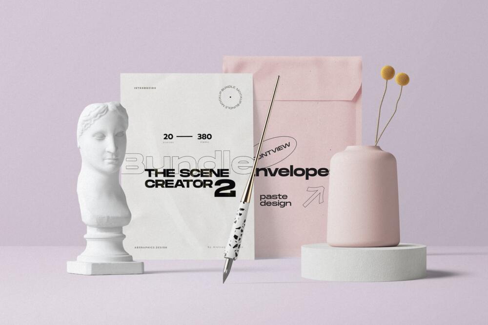 Envelope And Papers With Bust Mockup Front View