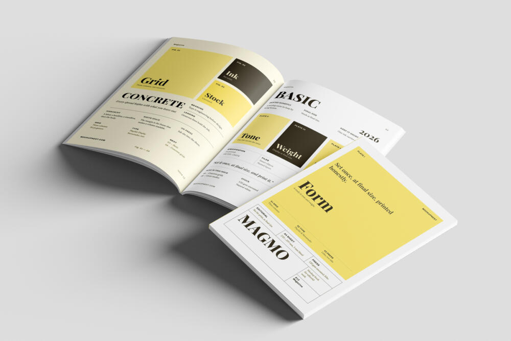 EU Magazine Mockup On Surface Angled Perspective