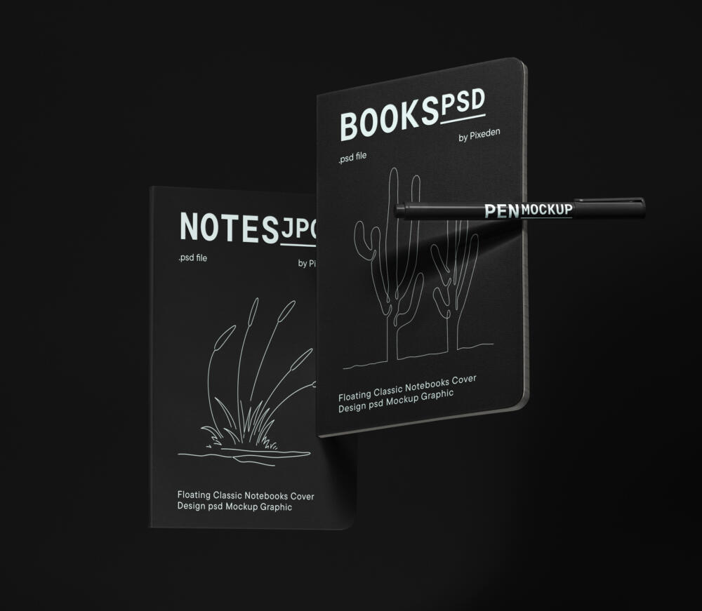 Floating Classic Notebooks Cover Design PSD Mockup