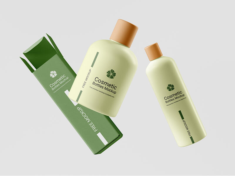 Floating Cosmetic Bottles with Box Mockup