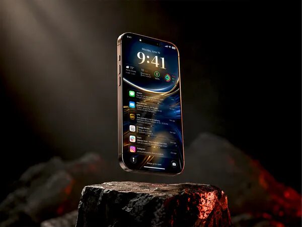 Floating Iphone Mockup On Dark Stone — Cinematic Scene (PSD)