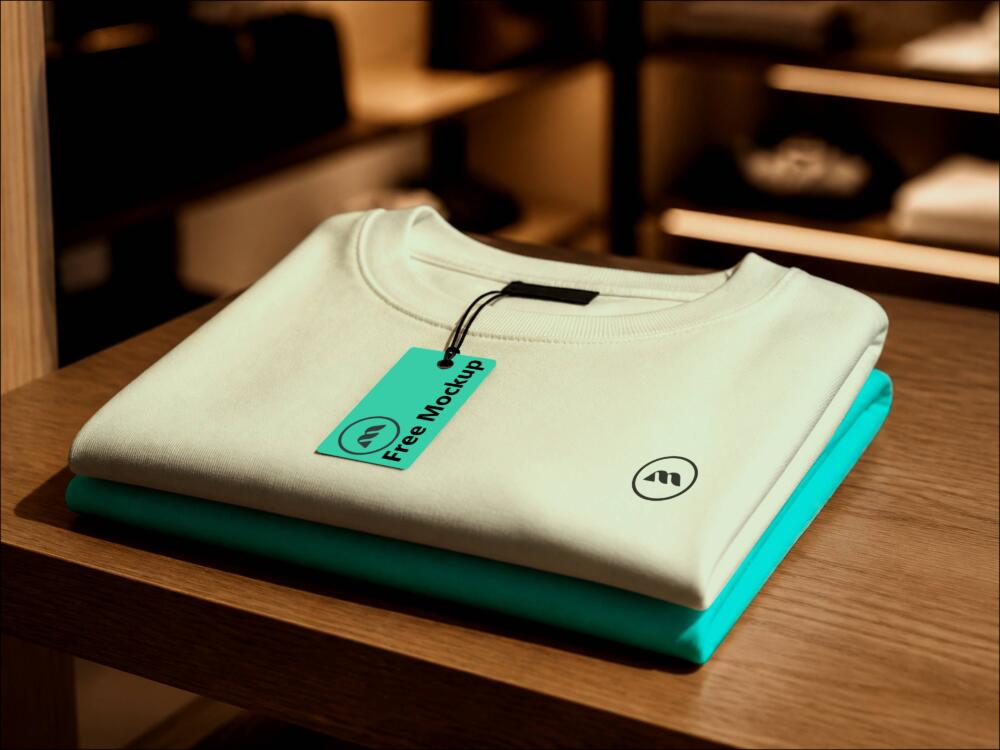 Folded Sweatshirt Mockup With Hang Tag — Retail Store Scene (PSD)