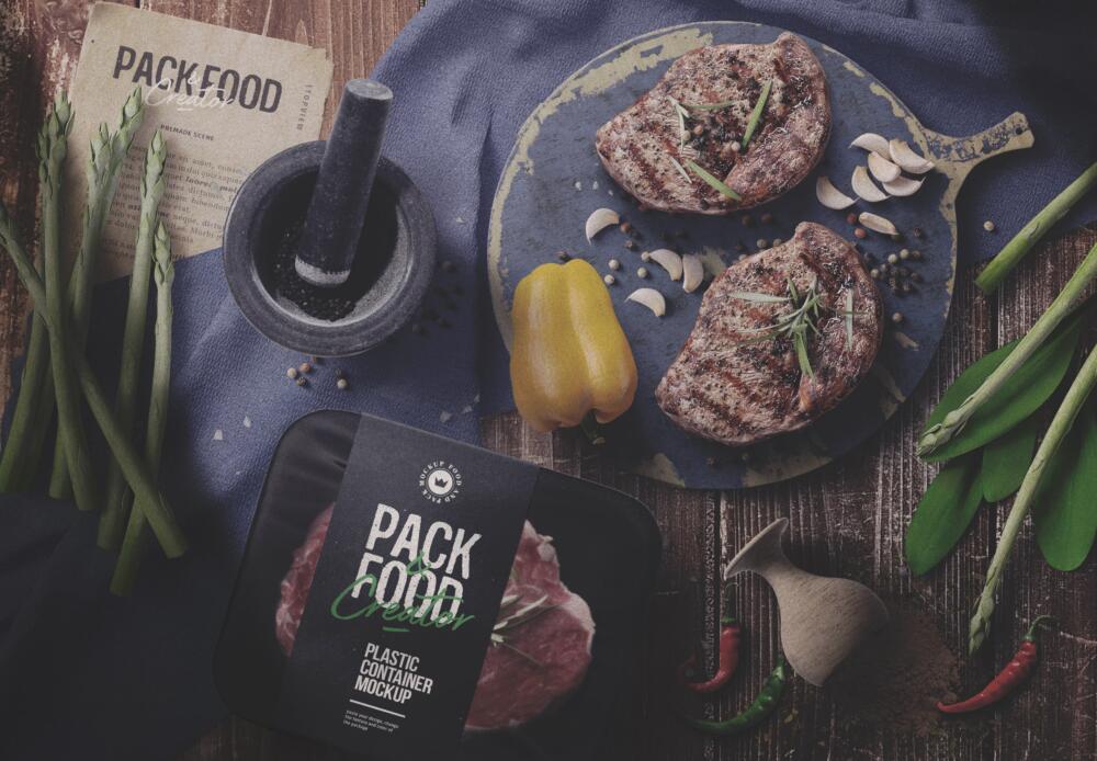 Food Scene With A Plastic Container Mockup Top View