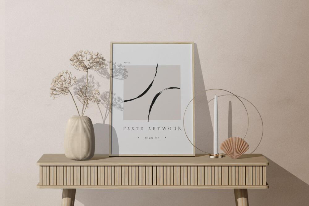 Frame Mockup On Table With Decorative Plant And Candle
