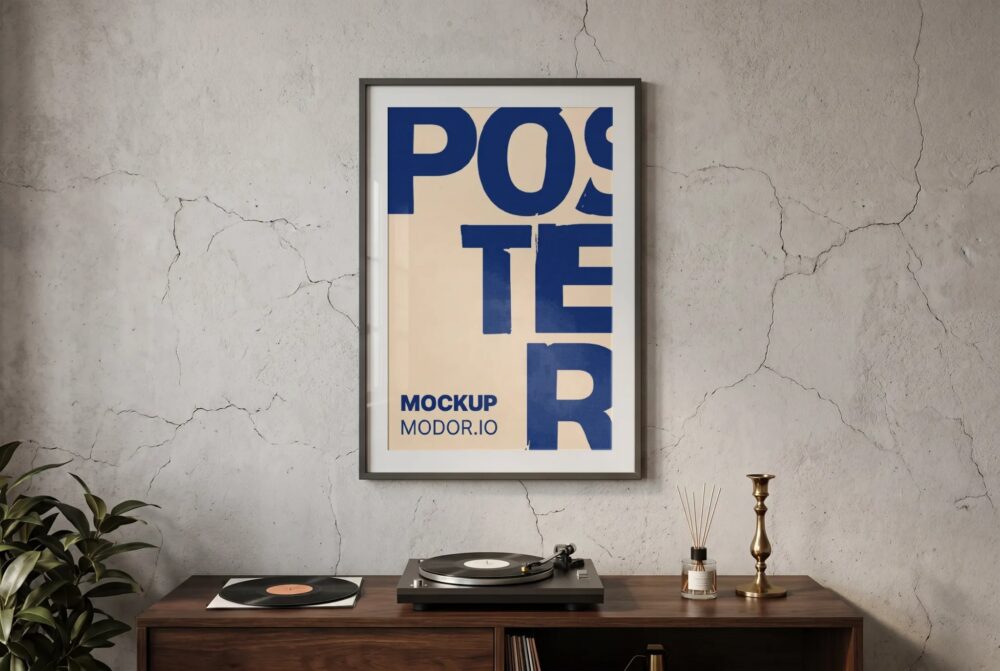 Framed Poster Mockup Above Record Player PSD