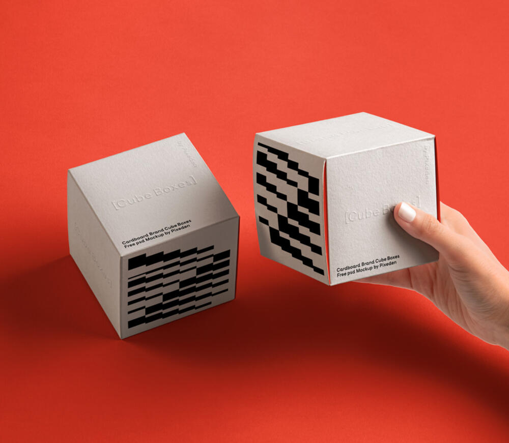 Hand Holding Square Psd Mockup Boxes